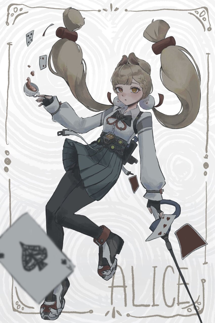 1girl ace_(playing_card) ace_of_spades animal_ears black_gloves black_pantyhose black_shoes blonde_hair border breasts card character_name commentary cup expressionless fingerless_gloves five_of_clubs floating_hair full_body gemaine88008459 gloves green_skirt heterochromia highres holding holding_sword holding_weapon long_hair long_sleeves looking_at_viewer orange_eyes ornate_border outside_border pantyhose parted_lips playing_card pleated_skirt rabbit_ears rabbit_girl rapier shirt shoes simple_background skirt solo spade_(shape) sword symbol-only_commentary tea teacup three_of_hearts twintails two_of_diamonds weapon white_shirt yellow_eyes zenless_zone_zero