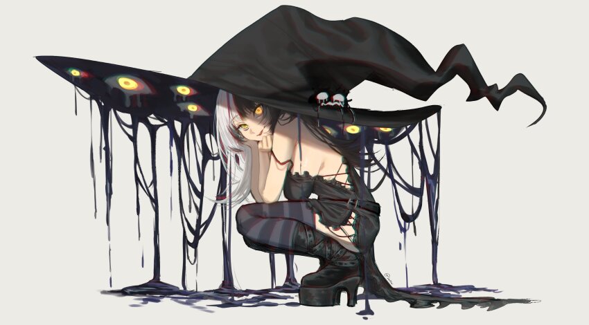 1girl absurdres alternate_costume black_choker black_dress black_hair black_nails boots breasts choker cleavage dress extra_eyes glowing glowing_eye glowing_eyes grey_hair hair_ornament hat high_heel_boots high_heels highres hololive hololive_english ink large_breasts levvimi long_hair looking_at_viewer multicolored_hair oversized_hat shiori_novella simple_background smile solo split-color_hair striped_clothes striped_thighhighs thighhighs two-tone_hair virtual_youtuber white_background witch witch_hat yellow_eyes