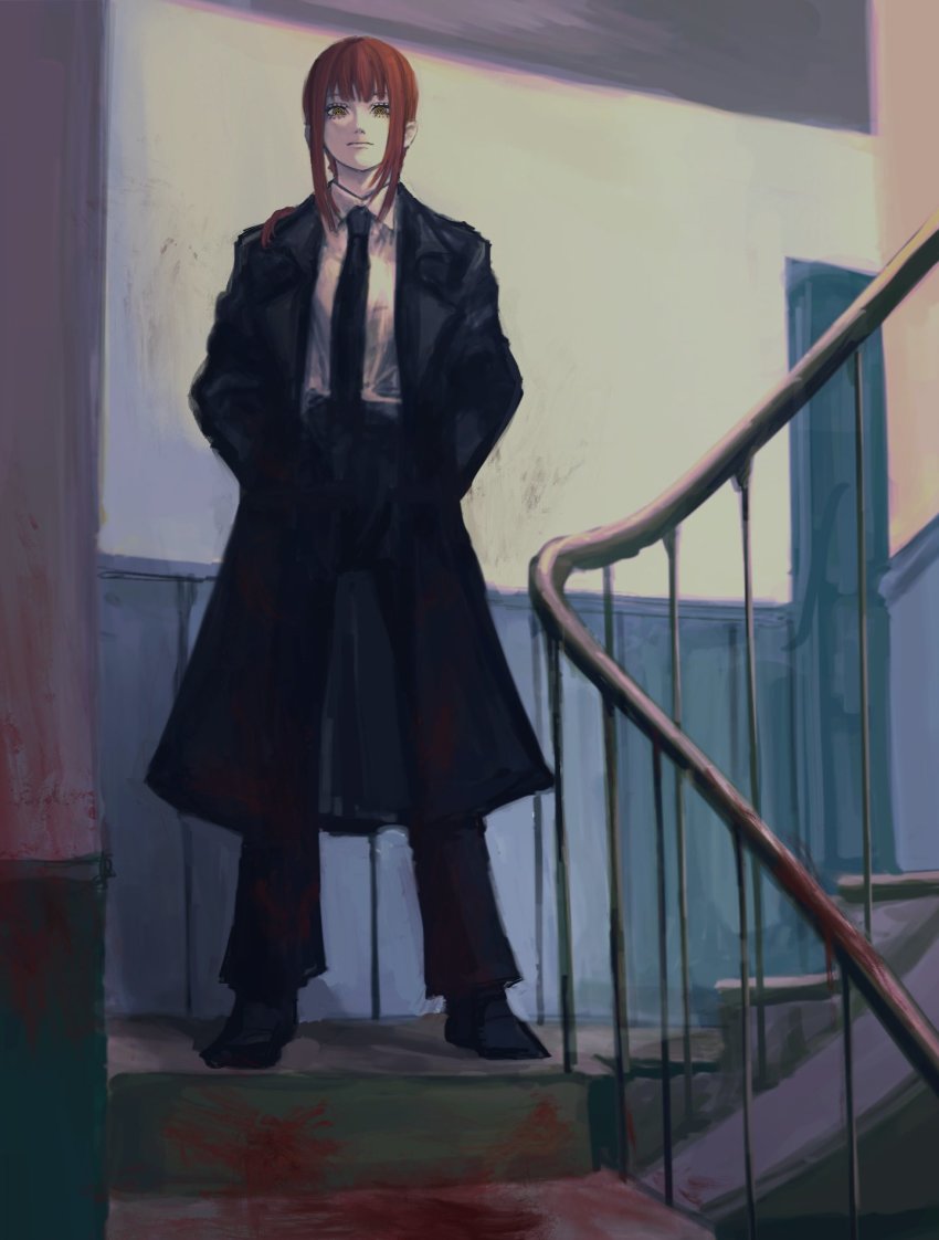 1girl @_@ after_battle black_jacket black_necktie black_pants blood blood_on_clothes blood_on_wall chainsaw_man cowboy_shot expressionless full_body hands_in_pockets high-waist_pants highres jacket long_coat long_hair makima_(chainsaw_man) necktie pants ponytail red_hair ringed_eyes stairs stairwell urban yellow_eyes yohohoi