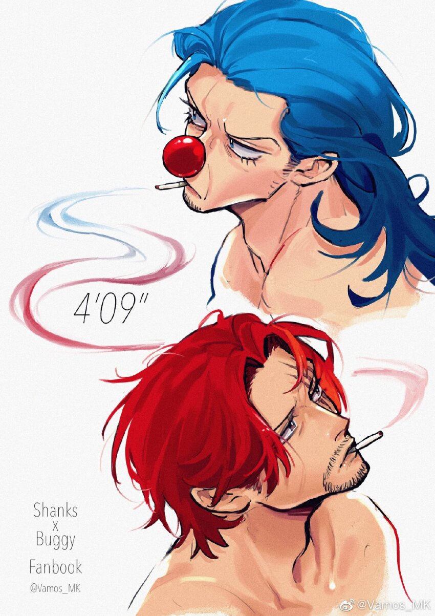 2boys adam&#039;s_apple beard blue_eyes blue_hair buggy_the_clown cigarette clown_nose connected_beard facial_hair highres long_hair male_focus multiple_boys one_piece red_hair shanks_(one_piece) short_hair simple_background smoke smoke_trail smoking vamos_mk white_background