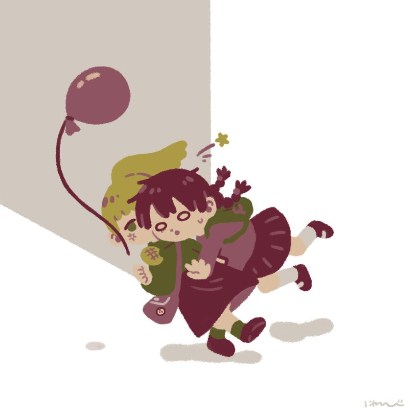 2girls anger_vein around_corner backpack bag balloon blonde_hair braid bread commentary_request floating_hair food food_bite gloom_(expression) green_bag green_eyes green_socks green_sweater highres late_for_school long_hair long_skirt madotsuki melon_bread midair multiple_girls niwasakino_daei open_mouth pink_bag pink_sweater pleated_skirt poniko ponytail purple_hair purple_skirt shadow shoulder_bag signature skirt socks star_(symbol) sweatdrop sweater tackle tripping turtleneck turtleneck_sweater twin_braids white_background wide_oval_eyes yume_nikki