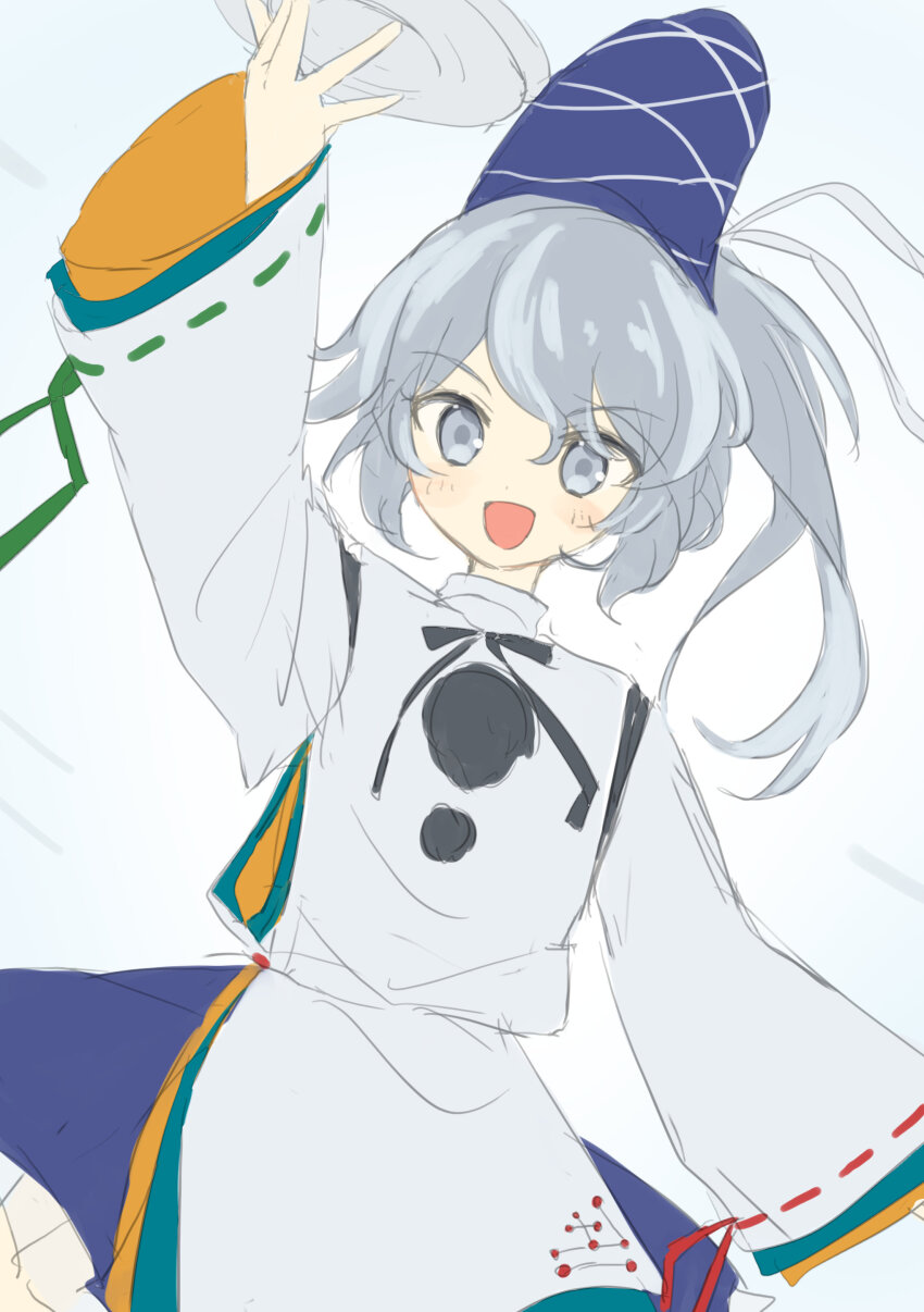 144udy 1girl absurdres apron arm_up black_bow black_bowtie blue_hat blue_skirt bow bowtie cowboy_shot detached_sleeves floating_clothes frilled_skirt frills green_ribbon grey_background grey_eyes grey_hair hair_between_eyes happy hat hat_ribbon highres holding holding_plate japanese_clothes kariginu layered_sleeves light_blush long_hair long_sleeves miniskirt mononobe_no_futo open_mouth plate pom_pom_(clothes) ponytail red_ribbon ribbon ribbon-trimmed_sleeves ribbon_trim skirt sleeve_ribbon smile solo standing tate_eboshi touhou turtleneck two-sided_sleeves waist_apron white_apron white_ribbon white_sleeves wind