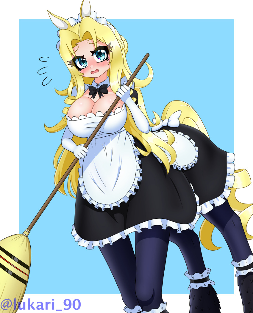 1girl animal_ears apron artist_name black_bow black_bowtie black_dress black_thighhighs blonde_hair blue_background blue_eyes blush border bow bowtie breasts centaur cleavage collar detached_collar dot_nose dress elbow_gloves embarrassed eyebrows eyelashes feet_out_of_frame female_focus frilled_apron frilled_dress frills gloves horse_ears large_breasts long_hair looking_at_viewer lukari maid maid_apron monster_musume_no_oisha-san open_mouth simple_background solo taur thighhighs tisalia_scythia two-tone_dress white_apron white_border white_collar white_dress white_gloves