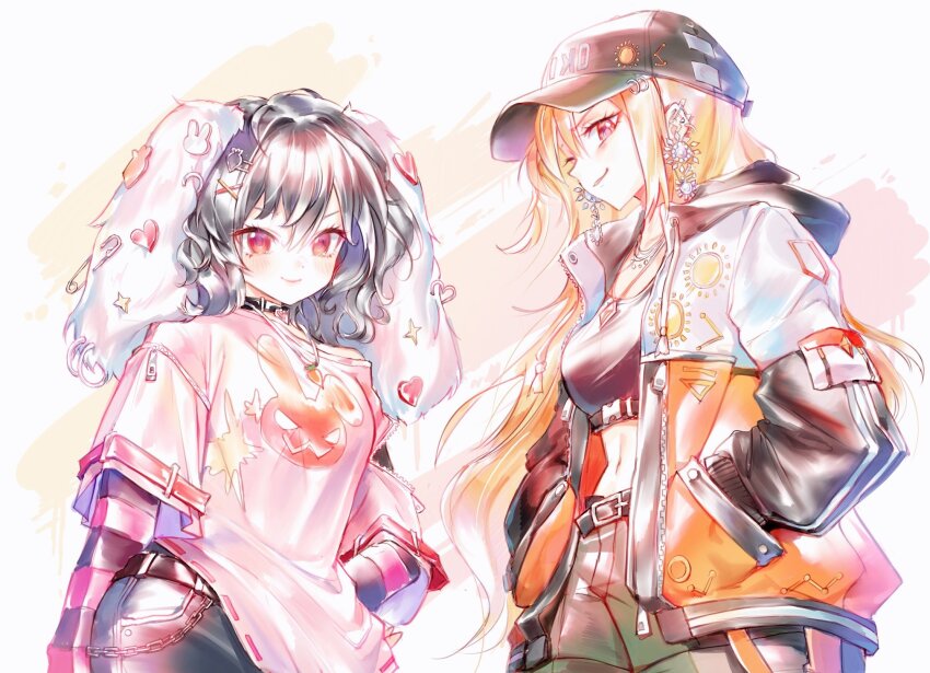 2girls :p alternate_costume animal_ear_piercing animal_ears animal_print baseball_cap belt black_belt black_collar black_hair black_hat black_shirt blonde_hair breasts carrot_hair_ornament carrot_necklace chain collar cowboy_shot crop_top denim ear_ornament ear_piercing earrings floppy_ears food-themed_hair_ornament green_shorts hair_ornament hand_on_own_hip hands_in_pockets hat heart_pendant highres hood hooded_jacket inaba_tewi jacket jeans jewelry layered_sleeves long_hair long_sleeves looking_at_viewer makeup matara_okina medium_breasts multiple_girls multiple_necklaces necklace off-shoulder_shirt off_shoulder orange_jacket pants piercing pink_shirt rabbit_ears rabbit_print red_eyes rhea_(156latte) safety_pin shirt short_hair short_over_long_sleeves short_sleeves shorts smile splatter_background striped_sleeves sun_earrings sun_print tongue tongue_out touhou v-shaped_eyebrows wavy_hair white_background x_hair_ornament zipper