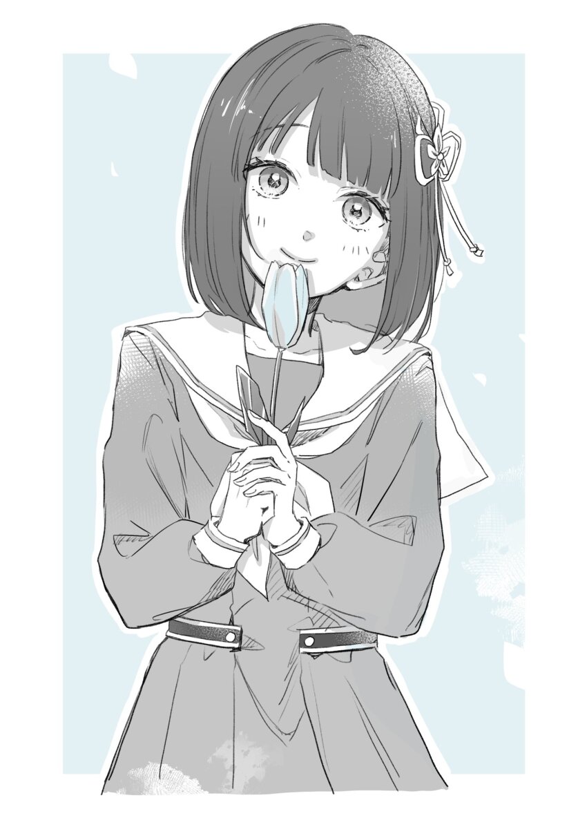 1girl blue_background blue_flower blue_theme blue_tulip blunt_bangs blunt_ends blush bob_cut border closed_mouth collarbone commentary cowboy_shot dress flower flower_knot greyscale_with_colored_background hair_flower hair_ornament hasu_no_sora_school_uniform head_tilt highres holding holding_flower link!_like!_love_live! long_sleeves love_live! momose_ginko neckerchief outside_border pleated_dress sailor_collar sailor_dress saito_shiorii school_uniform short_hair smile solo split_mouth spot_color symbol-only_commentary tulip virtual_youtuber white_border winter_uniform