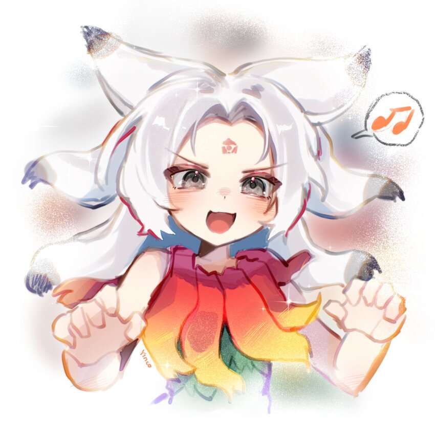 1girl :3 claw_pose facial_mark facing_viewer forehead_mark fossilized_wonders grey_eyes highres houjuu_chimi long_hair looking_at_viewer musical_note open_mouth parted_bangs simple_background speech_bubble touhou upper_body white_background white_hair yinco