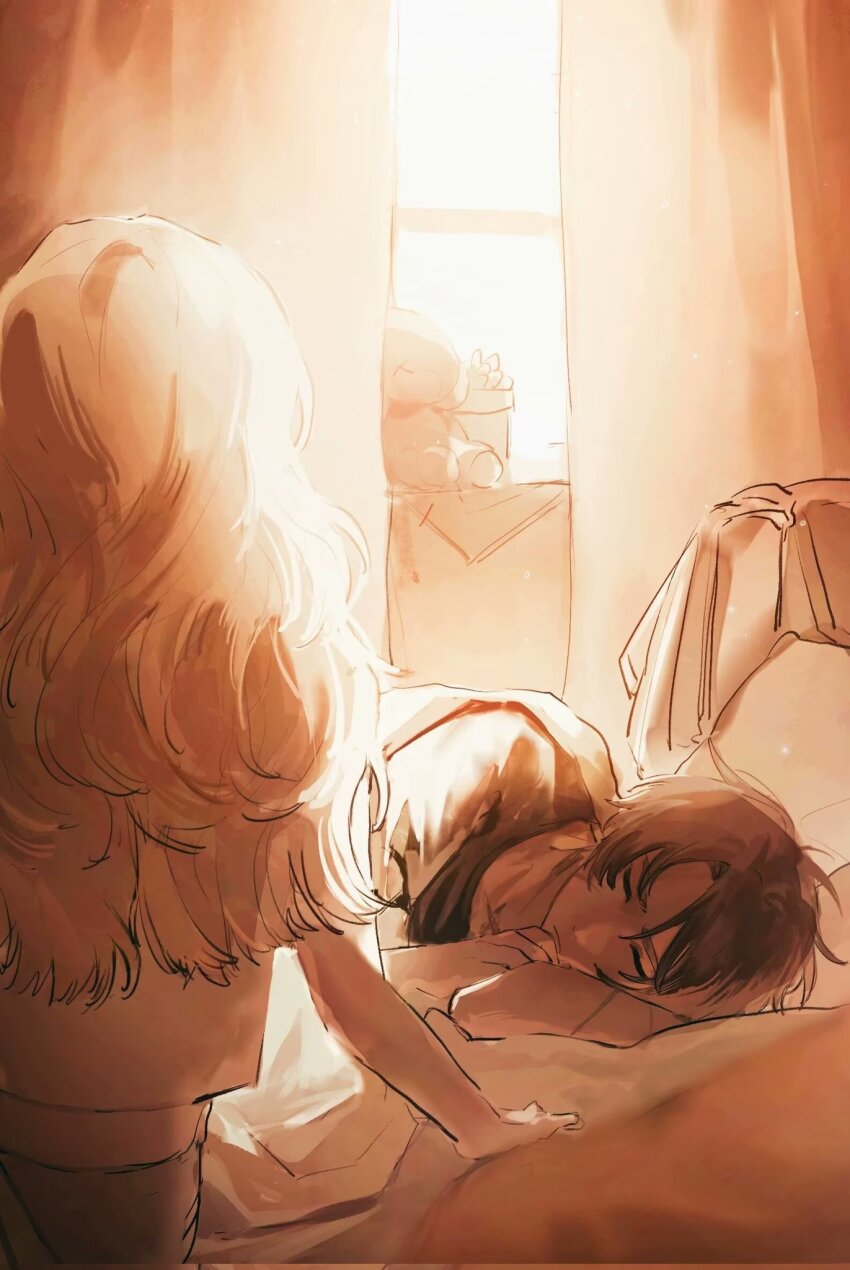 1boy 1girl bed bed_sheet brown_hair catherine_(project_moon) closed_eyes curtains dress head_tilt heathcliff_(project_moon) highres indoors limbus_company ling_zhiyun long_hair parted_bangs pillow project_moon short_sleeves sunlight upper_body white_dress window