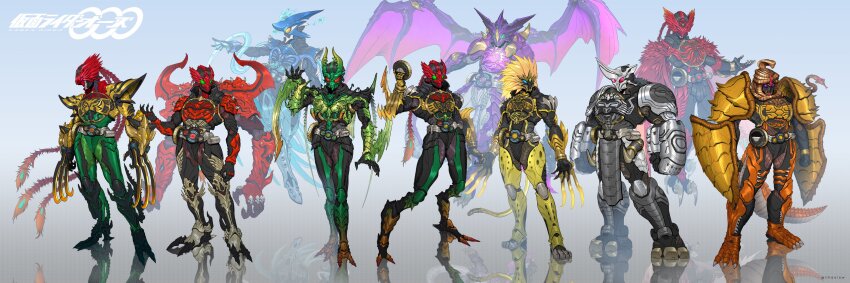 6+boys absurdres animal_costume animal_ears animal_hood animal_print arm_blade arm_shield armor armored_bodysuit armored_boots armored_gloves armored_leotard arthropod_boy arthropod_limbs axe beetle_horn belt belt_buckle bird bird_tail black_armor black_bodysuit black_collar black_fur black_gloves black_helmet black_loincloth blonde_hair blue_armor blue_eyes blue_gemstone blue_helmet bodysuit boots bracelet brass_knuckles breastplate buckle bug burakawani_(ooo_combo) cape clawed_boots clawed_gauntlets claws collar collared_bodysuit compound_eyes crocodilian_tail cuisses eel extra_arms extra_legs fake_horns faulds feathered_cape feathered_helmet feathered_wings feathers fingernails floating flying forehead_jewel gatakiriba_(ooo_combo) gauntlets gem gloves green_armor green_bodysuit green_eyes green_gemstone green_helmet grey_armor grey_helmet head_wings helmet highres holding holding_axe holding_weapon hood horned_armor horned_helmet horns huge_weapon jewelry kamen_rider kamen_rider_ooo kamen_rider_ooo_(series) leopard_print leotard lihaolow lion_mane logo loincloth mane mask mechanical_ears medagabryu monster multicolored_bodysuit multiple_boys o_scanner ooo_driver orange_armor orange_eyes oversized_clothes phoenix purple_armor purple_eyes purple_helmet purple_mask purple_wings putotyra_(ooo_combo) ratoratah_(ooo_combo) red_armor red_bodysuit red_cape red_collar red_eyes red_feathers red_gemstone red_helmet red_wings reflection reflective_floor rhinoceros_ears rider_belt sagohzo_(ooo_combo) scale_armor scales shark_fin shark_hood sharp_fingernails shauta_(ooo_combo) shield shocker_(kamen_rider) shoulder_armor silver_armor silver_gloves simple_background skull snake spiked_armor spiked_collar spiked_gauntlets spiked_legwear spikes suction_cups super_tatoba_(ooo_combo) superhero_costume tail taja_spinner tajador_(ooo_combo) tamashii_(ooo_combo) tatoba_(ooo_combo) tentacles tokusatsu vambraces water weapon webbed_hands whip white_armor white_background white_bodysuit white_scales winged_helmet wings yellow_armor yellow_eyes yellow_fur yellow_gemstone yellow_helmet