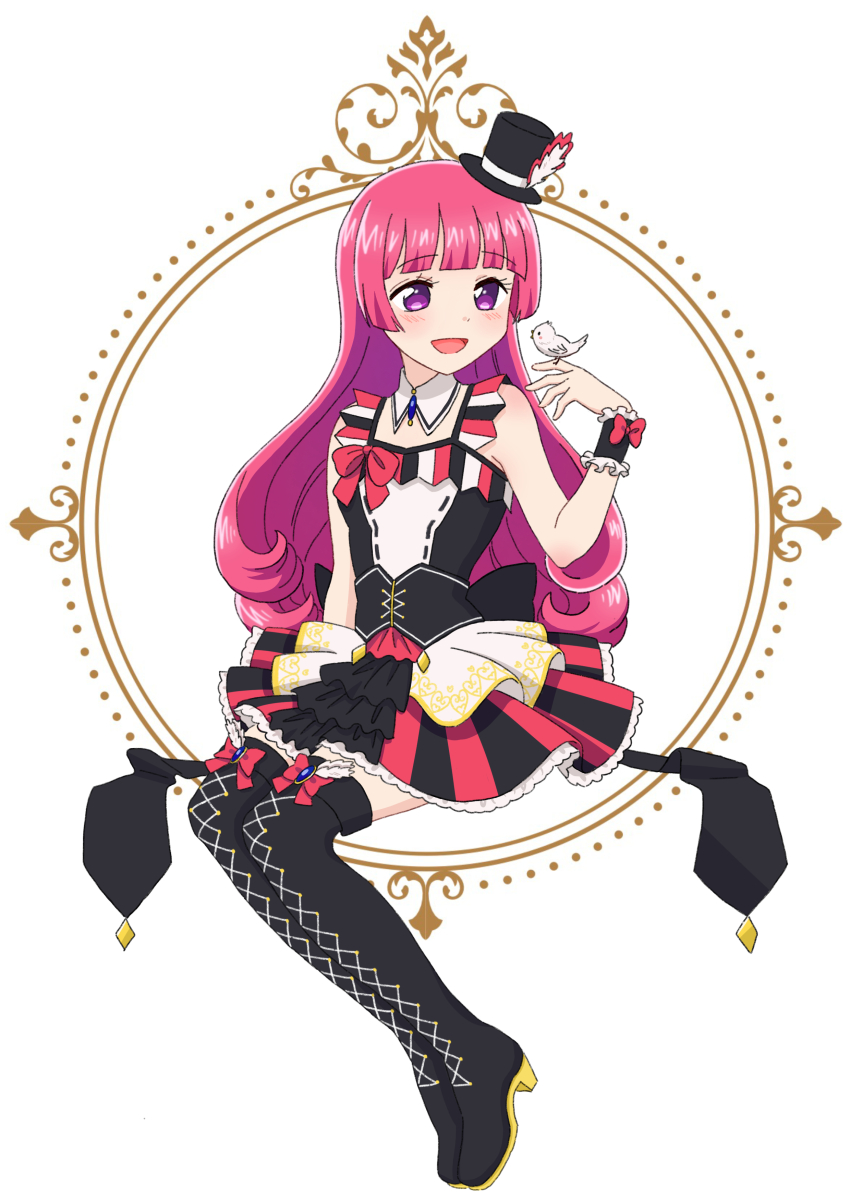 1girl :d a_(toitoitoioekk) absurdres bad_id bad_twitter_id bird bird_on_hand black_boots black_hat blunt_bangs boots breasts detached_collar dress full_body hand_up hat high_heel_boots high_heels highres hojo_sophy idol_clothes inactive_account invisible_chair long_hair mini_hat mini_top_hat multicolored_dress open_mouth pretty_series pripara purple_eyes red_hair sitting small_breasts smile solo thigh_boots top_hat wrist_cuffs