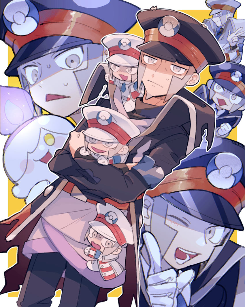 2boys ;d akamtvahosi armband belt black_coat black_hat black_pants black_shirt blue_armband blue_necktie border brothers brown_belt clenched_hand closed_mouth coat collared_coat collared_shirt commentary_request cowboy_shot emmet_(pokemon) facial_hair fire frown gen_5_pokemon gloves goatee grey_eyes grey_hair grey_hoodie hand_up hat highres holding holding_mini_person hood hood_down hoodie index_finger_raised ingo_(pokemon) litwick long_sleeves looking_at_viewer male_focus mini_person miniboy multiple_boys multiple_views necktie nintendo on_shoulder one_eye_closed open_clothes open_coat open_mouth outside_border pants peaked_cap pearl_clan_outfit pokemon pokemon_(creature) pokemon_bw pokemon_legends:_arceus purple_fire shaded_face shirt short_hair siblings sideburns simple_background smile striped_coat sweat sweatdrop teeth torn_clothes torn_coat turtleneck twins upper_body w white_border white_coat white_gloves white_hat white_shirt yellow_background yellow_eyes