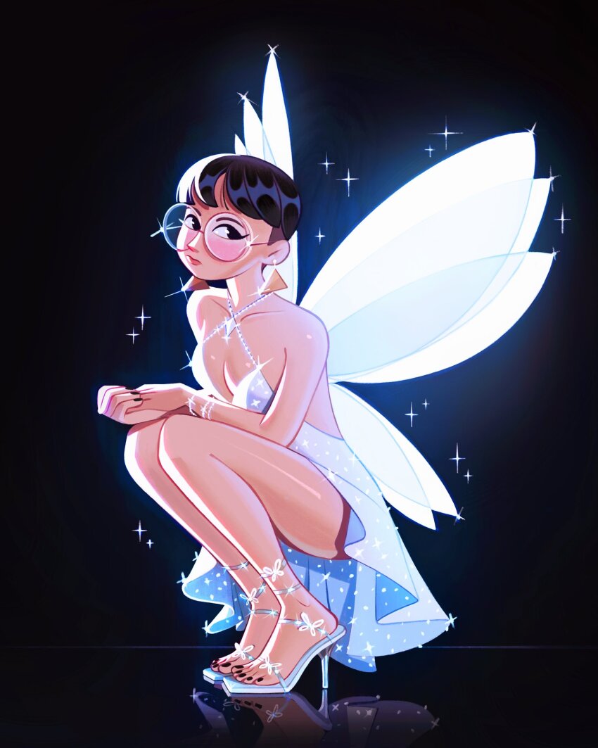 1girl black_hair breasts cleavage commentary criss-cross_halter dress earrings english_commentary fairy_wings friedbaens from_side full_body glasses halterneck high-low_dress highres jewelry original reflection round_eyewear short_hair small_breasts solo sparkle squatting thighhighs triangle_earrings white_dress white_wings wings