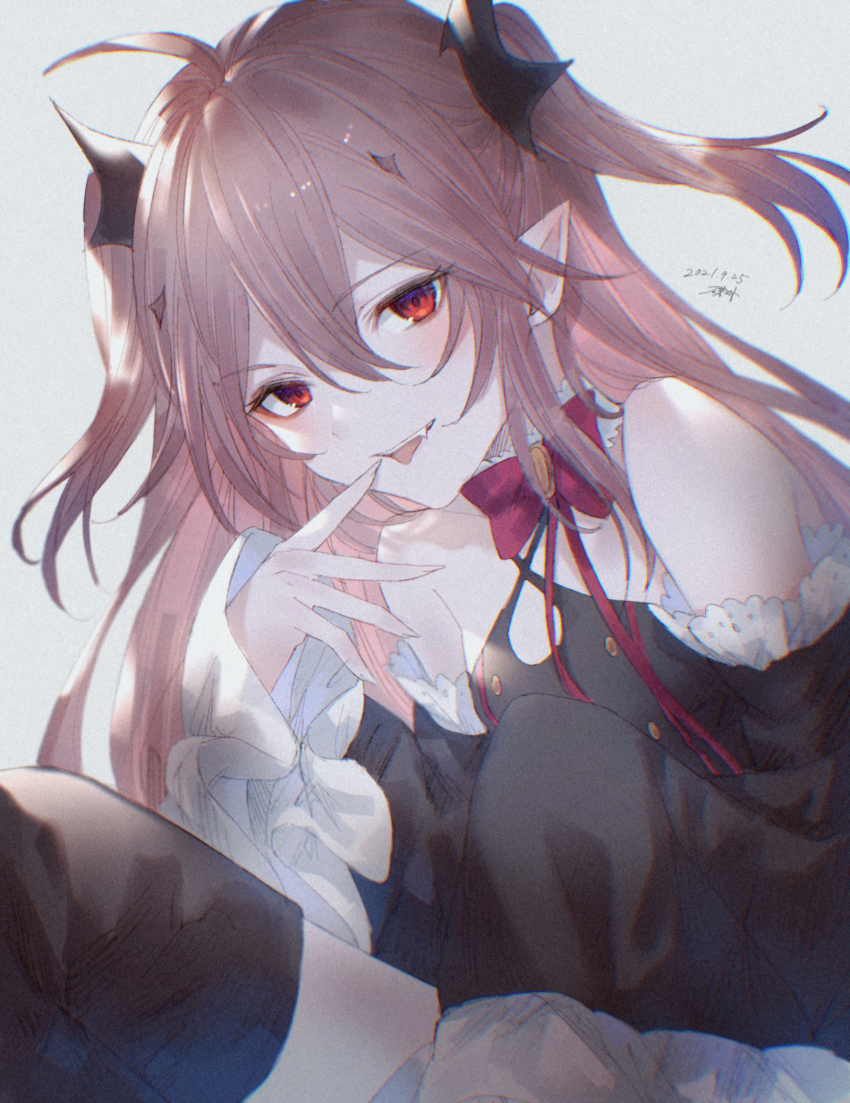 1girl bare_shoulders black_dress black_sleeves bow buttons choker collarbone commentary_request dated detached_sleeves double-parted_bangs dress fang frilled_choker frilled_sleeves frills grey_background hair_between_eyes hair_ornament highres krul_tepes long_hair long_sleeves looking_at_viewer neck_ribbon owari_no_seraph pink_hair pointy_ears red_bow red_eyes red_ribbon ribbon signature simple_background sleeves_past_fingers sleeves_past_wrists solo tongue tongue_out two_side_up vampire yct_(yoct_o)