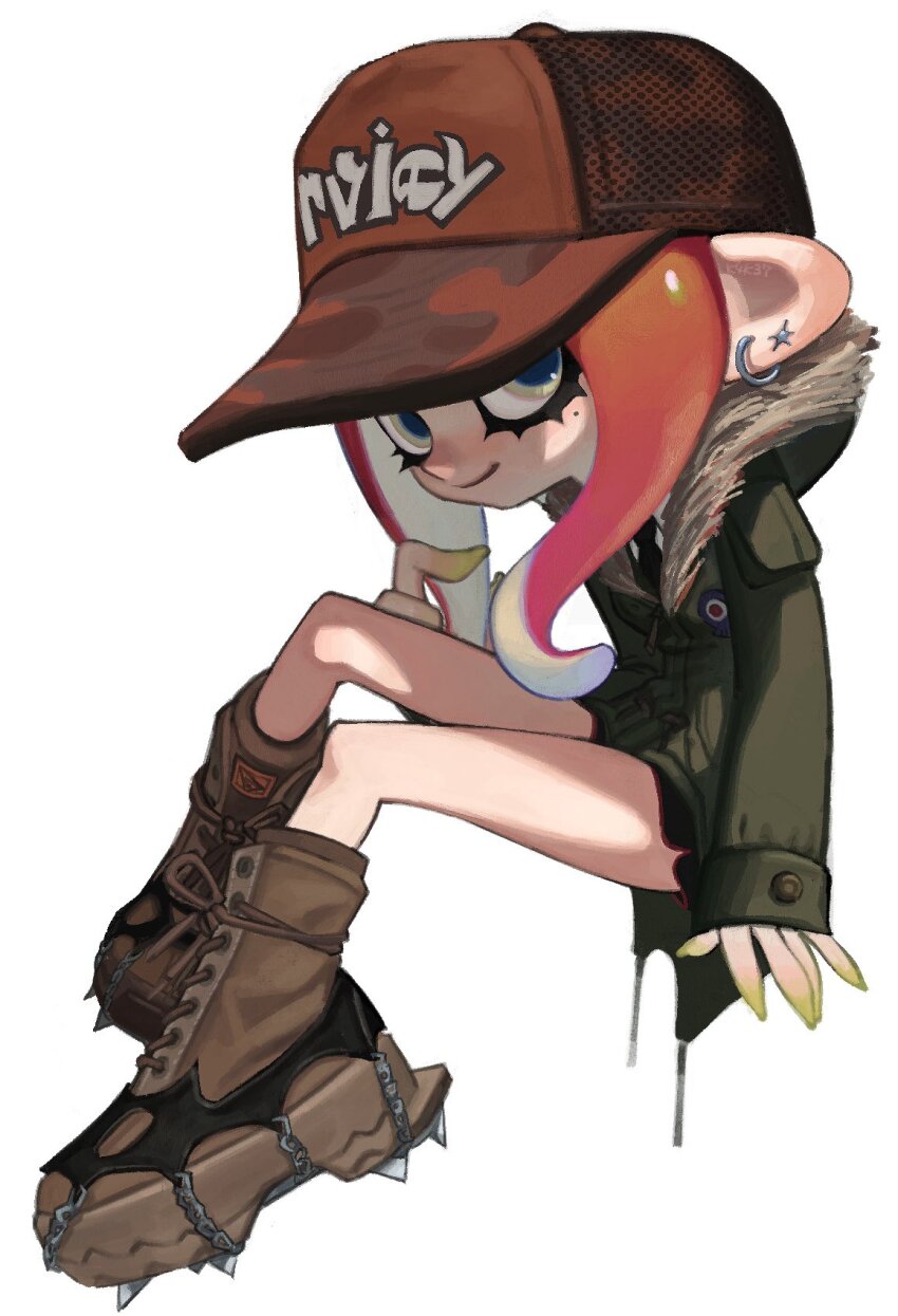 1girl baseball_cap boots brown_boots closed_mouth ear_piercing earrings eyelashes full_body fur-trimmed_jacket fur_trim green_jacket hat highres hoop_earrings invisible_chair jacket jewelry ka1_(k4k37) long_hair mole mole_under_eye nintendo octoling octoling_girl octoling_player_character piercing print_hat red_hair simple_background sitting smile solo splatoon_(series) splatoon_3 tentacle_hair white_background