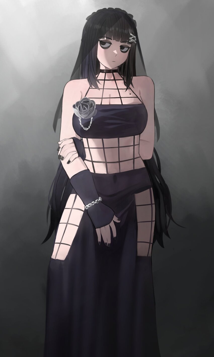 1girl bare_shoulders black_eyes black_hair black_nails black_skirt breasts cleavage eyeshadow flower grey_flower grey_rose highres jourd4n long_hair looking_at_viewer makeup midriff mole mole_on_chest nail_polish original rose skirt solo standing stomach very_long_hair