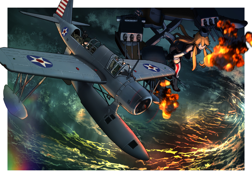 1girl aircraft airplane blonde_hair elbow_gloves fairy_(kancolle) floatplane from_above gloves hair_between_eyes headgear highres iowa_(kancolle) kantai_collection long_hair roundel seaplane star-shaped_pupils star_(symbol) symbol-shaped_pupils timmyyen vehicle_focus vought_os2u_kingfisher