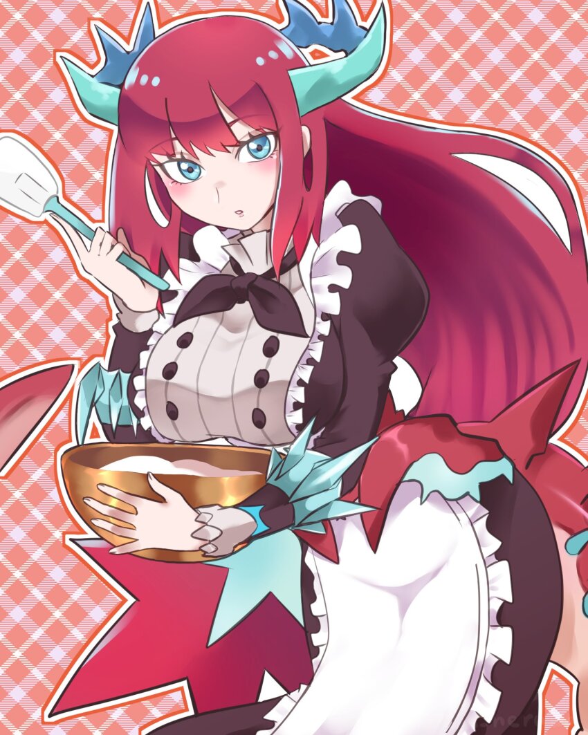 1girl apron blue_eyes blush bowl breasts chef dragon_girl dragon_horns dragon_tail dragon_wings duel_monster frilled_apron frills highres holding holding_bowl holding_whisk horns kitchen_dragonmaid large_breasts long_hair long_sleeves looking_at_viewer maid_apron okirune_(yappa_neruwa) open_mouth puffy_long_sleeves puffy_sleeves red_hair solo tail whisk white_apron wings yu-gi-oh!