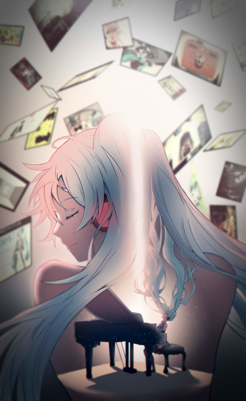 absurdly_long_hair absurdres aqua_hair bare_shoulders black_thighhighs closed_eyes double_exposure from_side hatsune_miku hatsune_miku_no_shoushitsu_(vocaloid) headphones highres instrument long_hair looking_up piano q_t_(pixiv) sitting thighhighs twintails very_long_hair vocaloid