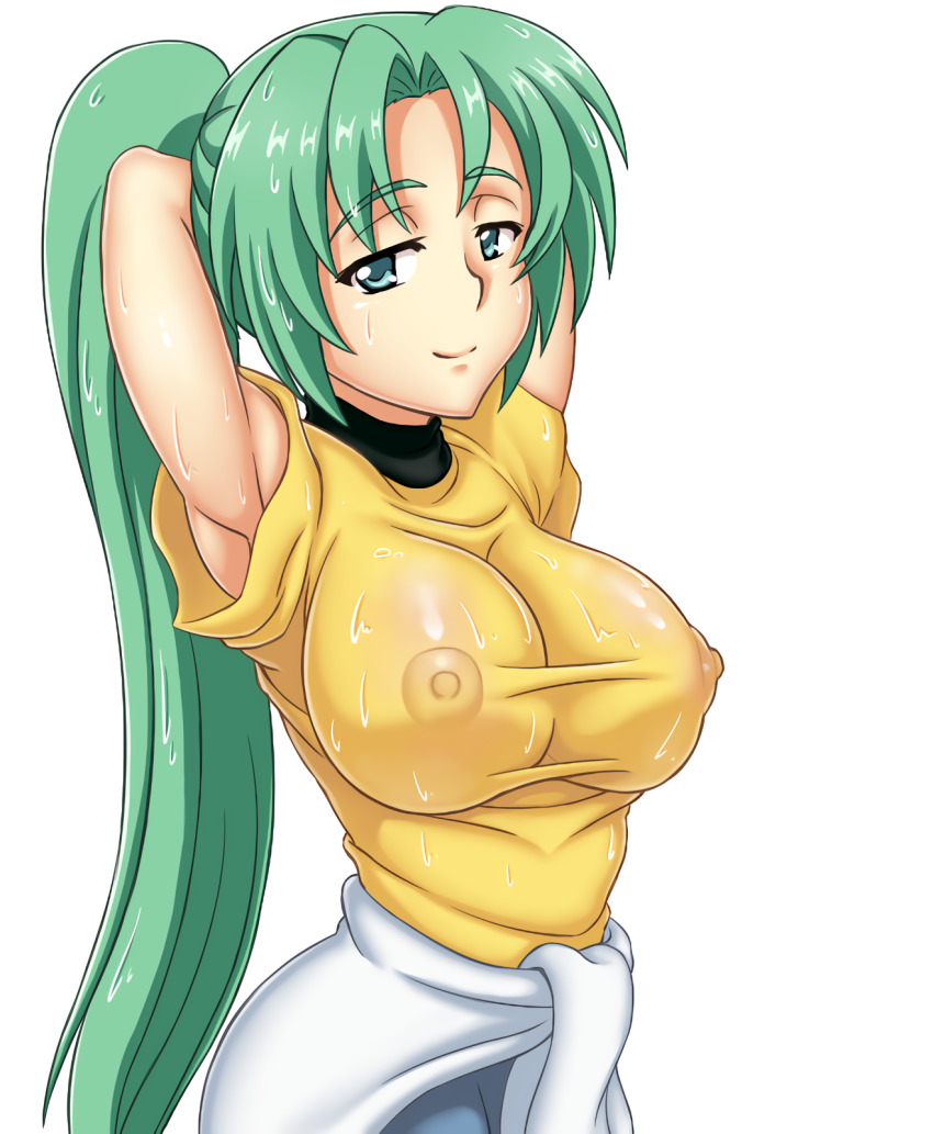 1girl abridged-satoko armpits arms_behind_head breasts covered_erect_nipples green_eyes green_hair highres higurashi_no_naku_koro_ni large_breasts long_hair nipples ponytail seductive_smile see-through_clothes smile sonozaki_mion wet wet_clothes