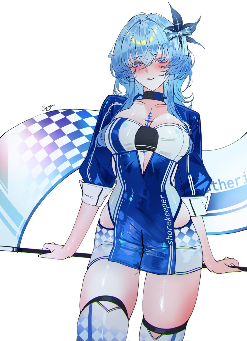 1girl blue_dress blue_hair blue_jacket blush breasts chromatic_aberration clothing_cutout collarbone colored_eyelashes commentary corrupted_twitter_file cowboy_shot cutout_above_navel dress english_commentary flower hair_between_eyes hair_flower hair_ornament highres jacket large_breasts long_hair looking_at_viewer parted_lips purple_eyes race_queen sanya_(sanya_lox228) shorekeeper_(wuthering_waves) side_cutout simple_background skindentation smile solo thighs white_background wuthering_waves