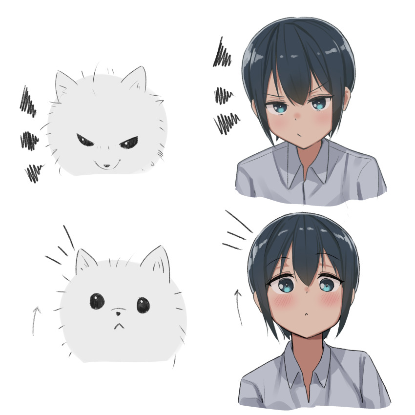 1girl :&lt; :/ absurdres akts625 androgynous angry annoyed aqua_eyes arrow_(symbol) black_dress black_hair blush closed_mouth collared_shirt commentary cropped_arms cropped_torso dot_mouth dress english_commentary fluffy_white_puppy_expressions_(meme) hair_between_eyes highres kino_(kino_no_tabi) kino_no_tabi looking_at_viewer meme notice_lines pout raised_eyebrows scribble shirt short_hair solo_focus tomboy v-shaped_eyebrows very_short_hair white_background white_dog white_shirt