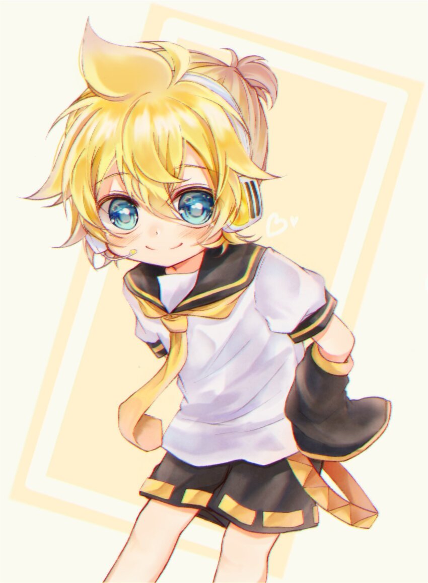 1boy aqua_eyes black_shorts blonde_hair blue_eyes cowboy_shot cowlick detached_sleeves eyes_visible_through_hair hair_between_eyes hands_on_own_hips headset heart high_ponytail highres kagamine_len light_smile looking_at_viewer male_focus mattari_haruto messy_hair necktie ponytail puffy_sleeves shirt short_hair short_ponytail short_sleeves shorts simple_background sleeves_past_fingers sleeves_past_wrists smile solo very_long_sleeves vocaloid white_shirt yellow_necktie yellow_theme