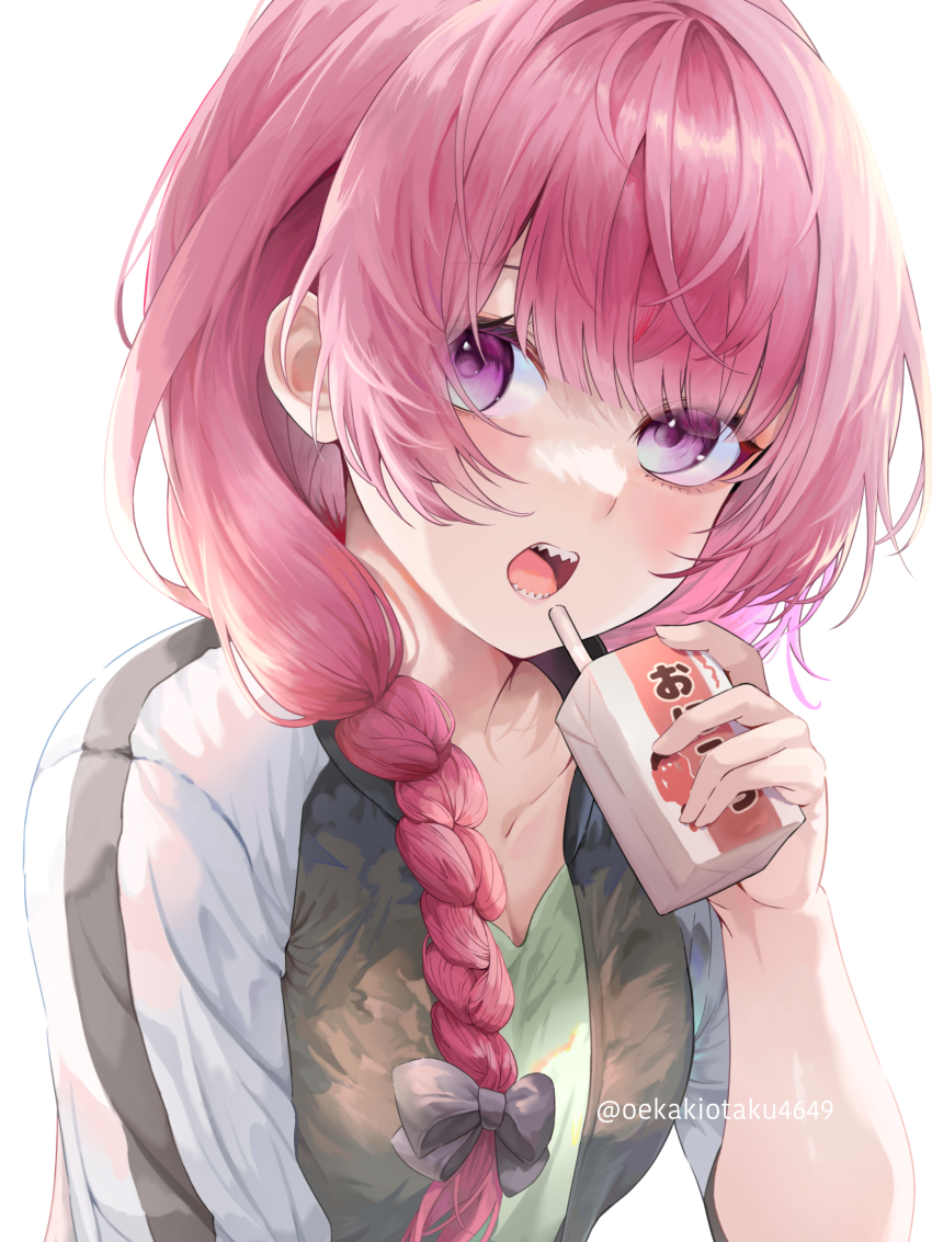 1girl absurdres alcohol alcohol_carton black_bow black_jacket bocchi_the_rock! bow carton dress drinking_straw green_dress hair_bow highres hiroi_kikuri jacket light_blush long_hair multicolored_jacket oekakiotaku4649 open_clothes open_jacket purple_eyes purple_hair sharp_teeth simple_background solo teeth twitter_username two-tone_jacket upper_body white_background white_jacket