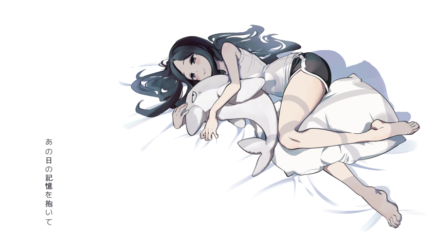 1girl bare_arms bare_legs bare_shoulders barefoot black_eyes black_hair black_shorts blush closed_mouth dolphin_shorts feet full_body highres hugging_doll hugging_object long_hair lying mo0o0rae on_side pillow pillow_hug sakurai_touko senpai_ga_uzai_kouhai_no_hanashi shorts simple_background smile solo stuffed_animal stuffed_dolphin stuffed_toy tank_top toes translation_request white_background white_tank_top