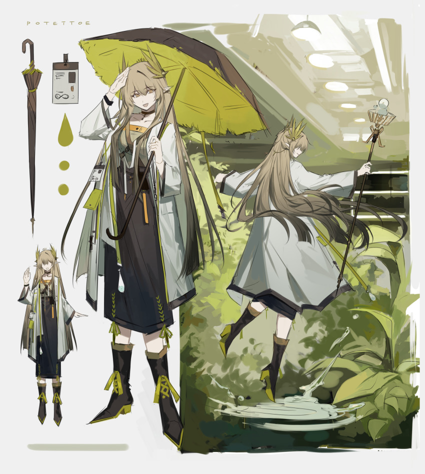 1girl arknights artist_name black_boots black_choker black_skirt blonde_hair boots choker coat collarbone elf full_body green_ribbon hand_up high_heels highres holding holding_staff holding_umbrella holding_weapon hydrokinesis id_card lab_coat laurel_crown long_hair long_skirt long_sleeves mole mole_under_eye muelsyse_(arknights) multiple_views open_mouth pointy_ears potettoe rhine_lab_logo ribbon sidelocks skirt smile staff umbrella water weapon white_coat wide_sleeves yellow_eyes