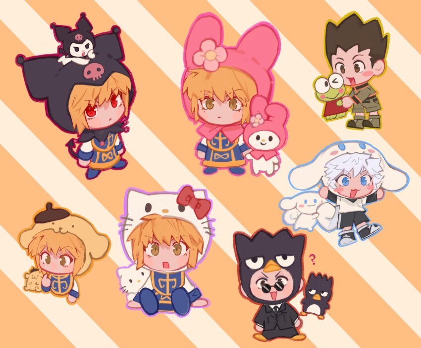4boys :o badtz-maru black_shorts blonde_hair blue_eyes blue_footwear blue_tabard bow brown_eyes brown_hair character_hood chibi cinnamoroll formal_clothes gon_freecss green_footwear green_shirt green_shorts hasunoue_keroppi hello_kitty_(character) highres hunter_x_hunter ik18166181ik killua_zoldyck kurapika kuromi leorio_paladiknight long_sleeves looking_at_viewer multiple_boys multiple_views my_melody pompompurin red_bow round_eyewear sanrio shirt shoes shorts sneakers striped_background suit sunglasses tabard white_hair white_shirt yellow_background