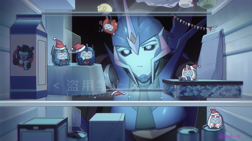1girl arcee autobot blue_eyes breasts bulkhead bumblebee_(transformers) cliffjumper highres ironhide jazz_(transformers) jijing5658 looking_at_viewer mecha medium_breasts milk ratchet_(transformers) robot robot_girl science_fiction smile transformers transformers_prime ultra_magnus