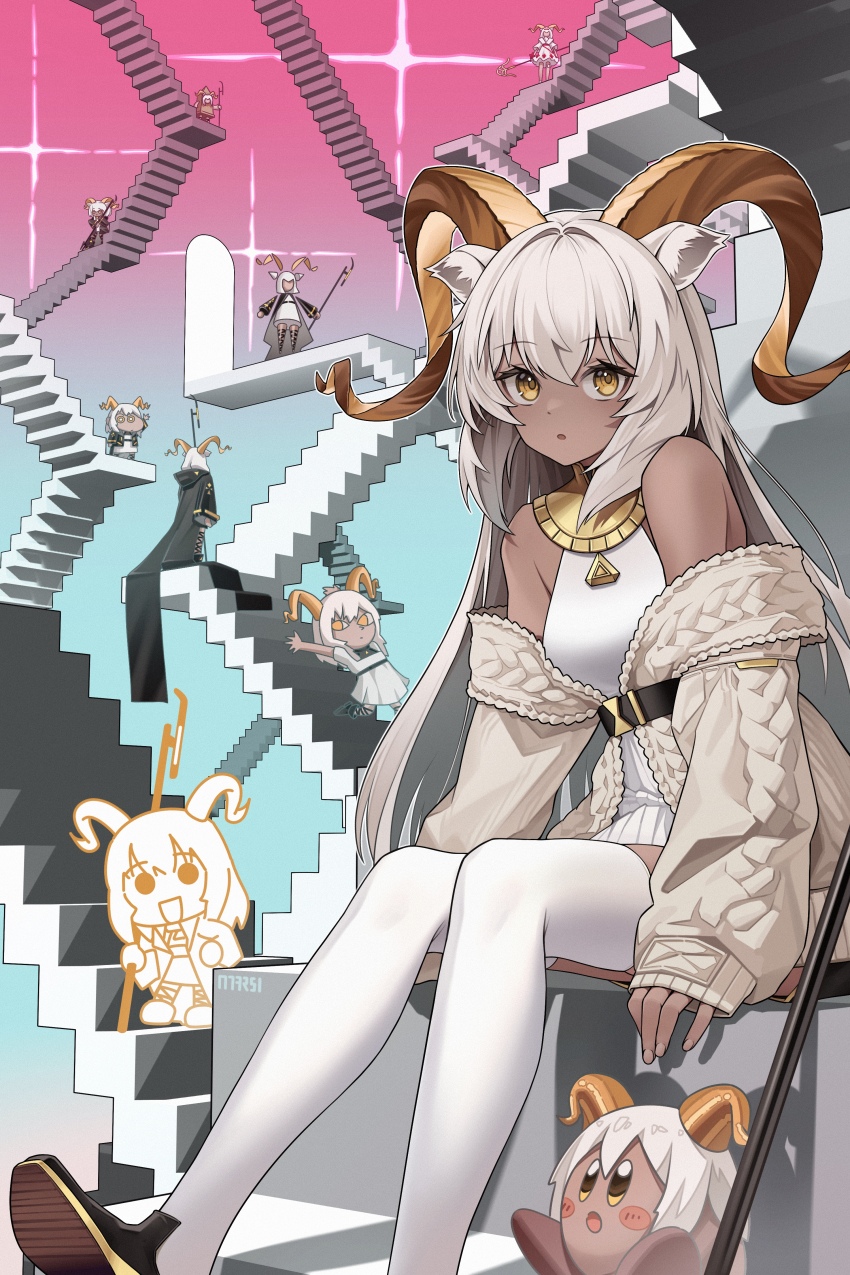 6+girls absurdres animal_ears arknights bare_shoulders beeswax_(arknights) beeswax_(holiday)_(arknights) beeswax_(weisser_sand)_(arknights) belt belt_buckle black_belt black_coat black_shoes bocchi_the_rock! buckle cardigan chibi coat commentary_request copyright_request dark-skinned_female dark_skin goat_ears goat_girl goat_horns gold_collar gold_horns gradient_background hair_between_eyes highres horns kirby_(series) long_hair looking_at_viewer multiple_girls multiple_persona nani_ga_warui nintendo off_shoulder official_alternate_costume open_cardigan open_clothes parody parted_lips shirt shoes sitting sitting_on_stairs sleeveless sleeveless_shirt sleeves_past_wrists staff stairs thighhighs white_cardigan white_hair white_shirt white_thighhighs yellow_eyes yellow_horns zhengqi_zhizi_sg