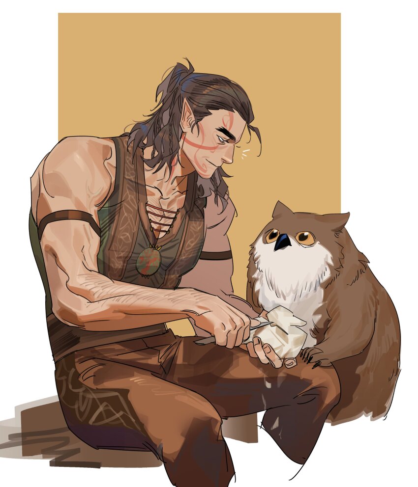 1boy absurdres arm_hair arm_strap baldur&#039;s_gate baldur&#039;s_gate_3 bare_shoulders border braid brown_hair brown_pants brown_vest carving collarbone commentary_request cropped_legs dungeons_&amp;_dragons elf facial_tattoo feet_out_of_frame from_side greensalad350 grey_eyes half_updo halsin highres holding holding_knife knife korean_commentary male_focus medium_hair multiple_braids muscular muscular_male outside_border owlbear pants pointy_ears profile side_braids simple_background sitting smile solo tattoo vest white_border wood_carving_tool yellow_background