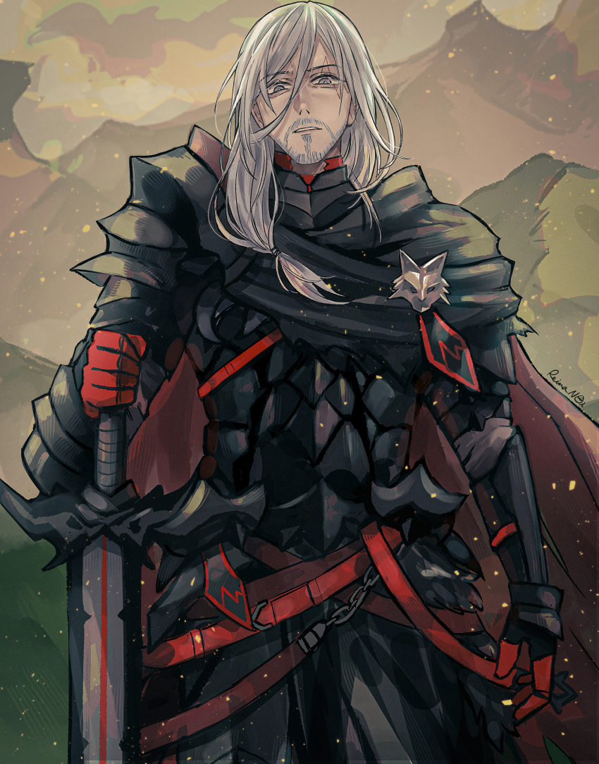 1boy absurdres armor beard black_armor black_gloves closed_mouth facial_hair fulgur_ovid fulgur_ovid_(4th_costume) gloves grey_hair highres holding holding_sword holding_weapon long_hair looking_at_viewer nijisanji nijisanji_en official_alternate_costume red_gloves reina_noi scar scar_across_eye scar_on_face solo sword virtual_youtuber weapon