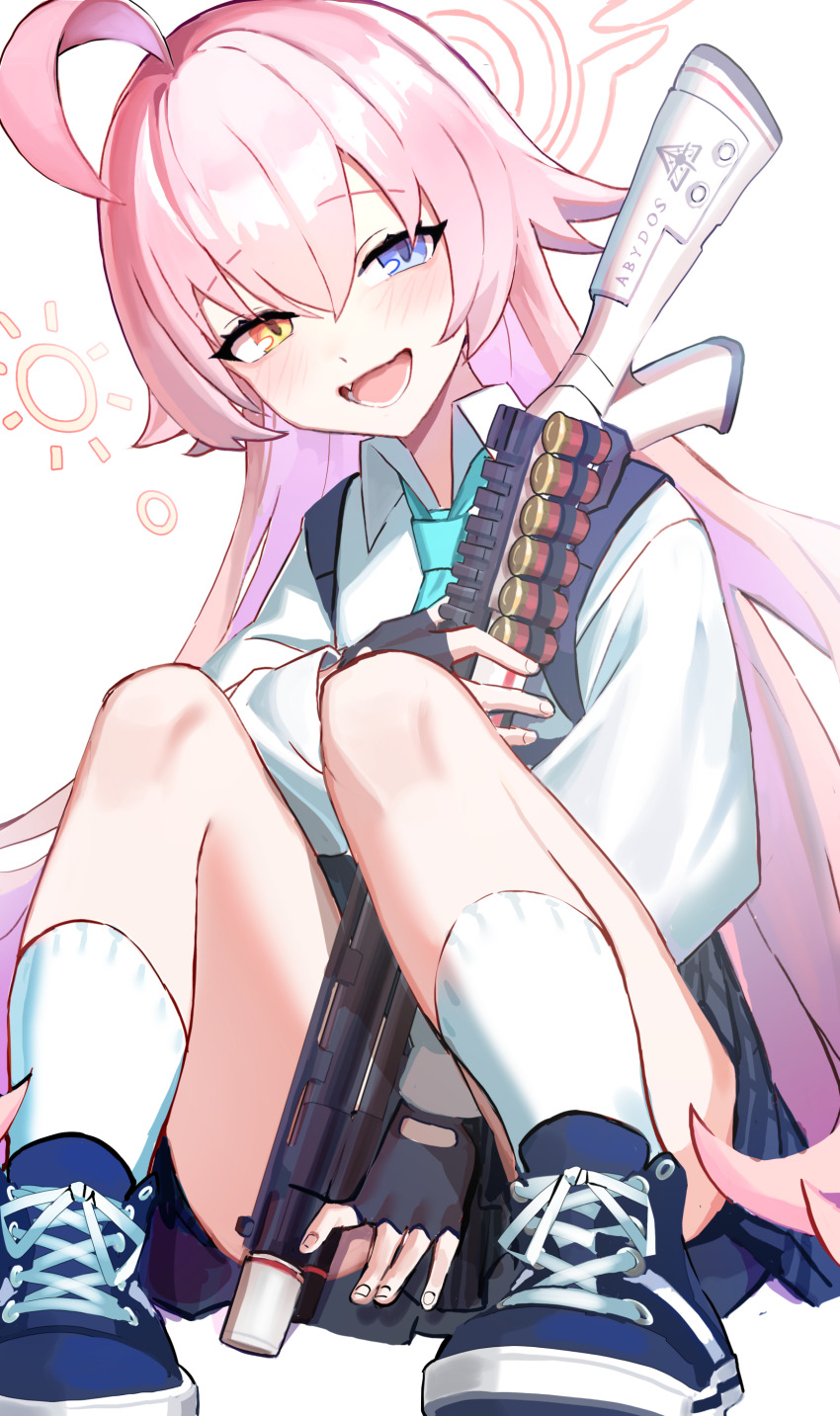 1girl absurdres ahoge aqua_necktie black_gloves black_skirt blue_archive blue_eyes blue_shoes blush collared_shirt fang fingerless_gloves franz2543 gloves gun hair_between_eyes halo heterochromia highres holding holding_gun holding_weapon hoshino_(blue_archive) long_hair looking_at_viewer necktie open_mouth orange_eyes pink_hair shirt shoes shotgun simple_background sitting skirt socks solo weapon white_background white_shirt white_socks