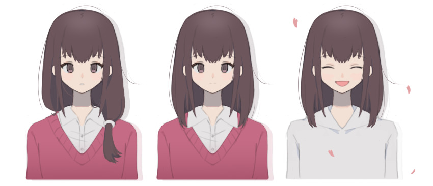 1girl alternate_hairstyle brown_eyes brown_hair closed_mouth collared_shirt cropped_torso facing_viewer falling_petals hair_over_shoulder highres hrdrifter kogoori_natsumi long_hair looking_at_viewer low-tied_long_hair medium_hair multiple_views open_mouth petals pink_sweater shigatsu_youka shirt simple_background smile straight-on sweater upper_body variations white_background white_shirt