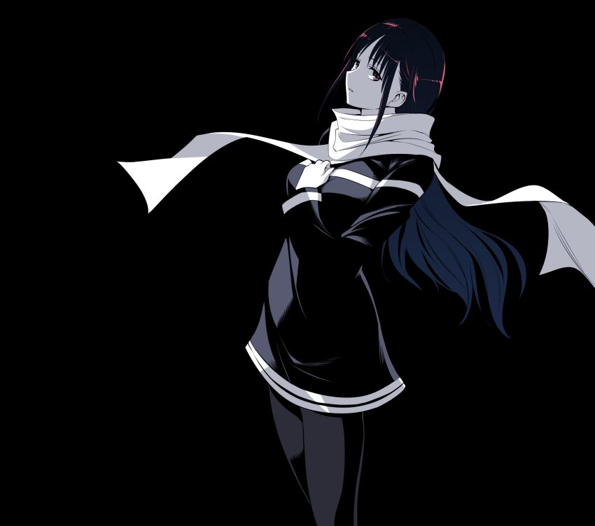 1girl black_background breasts brown_eyes closed_mouth dress highres kato_takuji kuchisake-onna_(ishiyumi) long_hair long_sleeves looking_at_viewer mechanical_buddy_universe pantyhose scarf science_fiction simple_background solo
