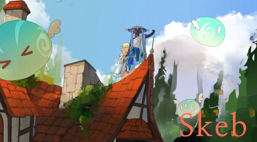1boy 1girl anemo_slime_(genshin_impact) arm_up armpit_crease black_gloves black_hair black_shorts blonde_hair blue_cape blue_hat blue_sky blue_sleeves blue_trim bridal_gauntlets building cape chimney closed_eyes cloud cloudy_sky detached_sleeves dress fingerless_gloves flower forest from_below furisode genshin_impact gloves hair_flower hair_ornament hand_up hat highres japanese_clothes jingasa kimono looking_at_another lumine_(genshin_impact) mamumamu115353 multicolored_hair nature on_roof open_mouth outdoors rooftop scaramouche_(genshin_impact) scarf short_hair short_hair_with_long_locks short_sleeves shorts sidelocks single_bare_shoulder single_vambrace skeb_logo sky slime_(genshin_impact) streaked_hair tile_roof tree vambraces wanderer_(genshin_impact) white_dress white_kimono white_scarf white_sleeves wide_sleeves