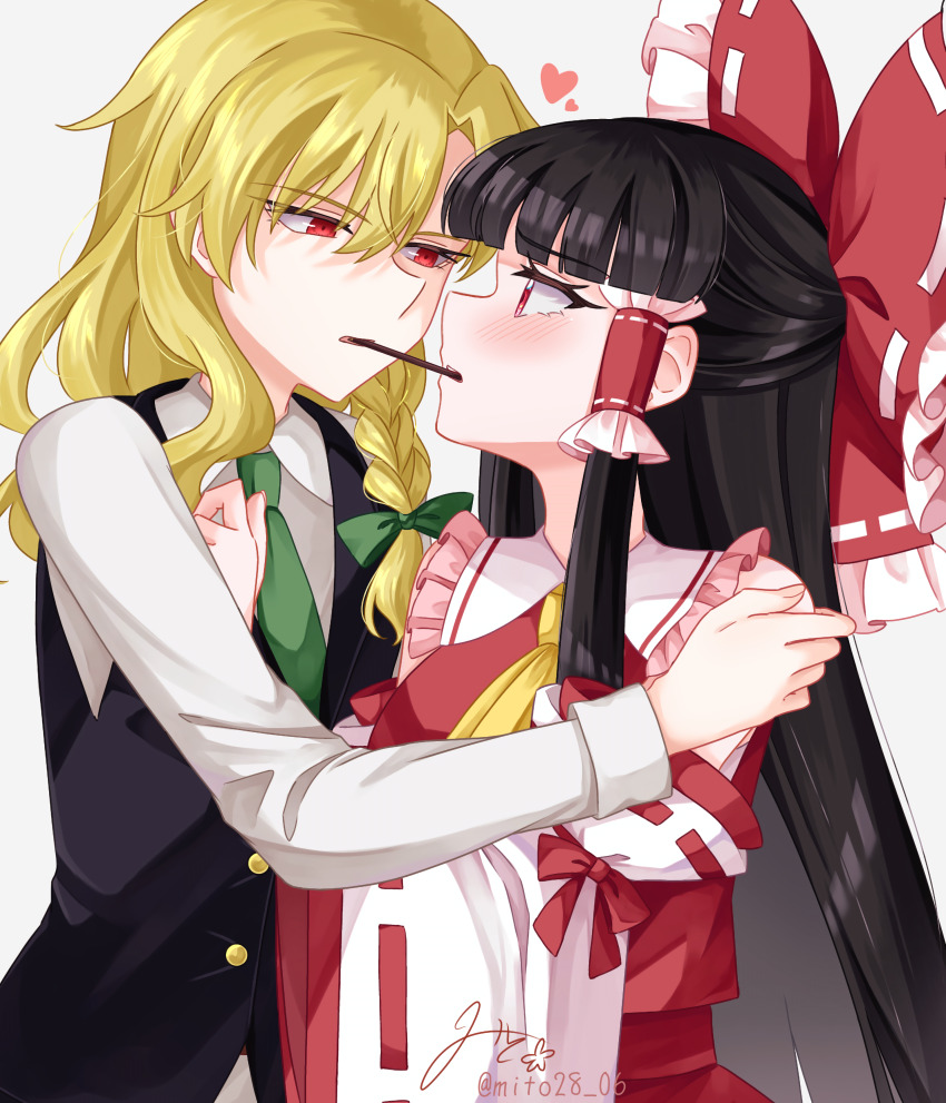 2girls absurdres ascot black_vest blonde_hair blush bow braid breasts brown_hair collared_shirt commentary_request detached_sleeves eye_contact food food_in_mouth frilled_bow frilled_hair_tubes frills green_bow hair_bow hair_tubes hakurei_reimu hand_on_another&#039;s_shoulder highres kirisame_marisa long_hair long_sleeves looking_at_another mito_(fate) multiple_girls pocky pocky_day pocky_in_mouth pocky_kiss red_bow red_eyes red_skirt ribbon-trimmed_sleeves ribbon_trim shared_food shirt side_braid signature single_braid skirt skirt_set touhou twitter_username very_long_hair vest white_shirt yellow_ascot yuri
