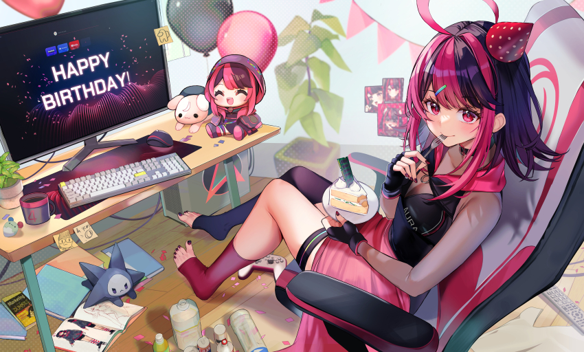 1girl absurdres ahoge asymmetrical_legwear balloon black_choker black_gloves black_hair black_shirt black_thighhighs bottle cake cake_slice can chair character_doll character_name choker commentary controller cup desk eating english_commentary feet fingerless_gloves food for_dummies fork game_controller gaming_chair gloves gx_aura hair_ornament hairclip happy_birthday hat highres hood hood_down computer_keyboard long_hair mat monitor mug multicolored_hair nail_polish official_art opera_gx party_hat pink_eyes pink_hair pink_socks plant plate polka_dot_headwear red_nails remote_control second-party_source see-through_clothes shirt single_sock single_thighhigh sitting socks sticky_note swivel_chair thigh_strap thighhighs toenail_polish toenails utensil_in_mouth virtual_youtuber wooden_floor yuniiho