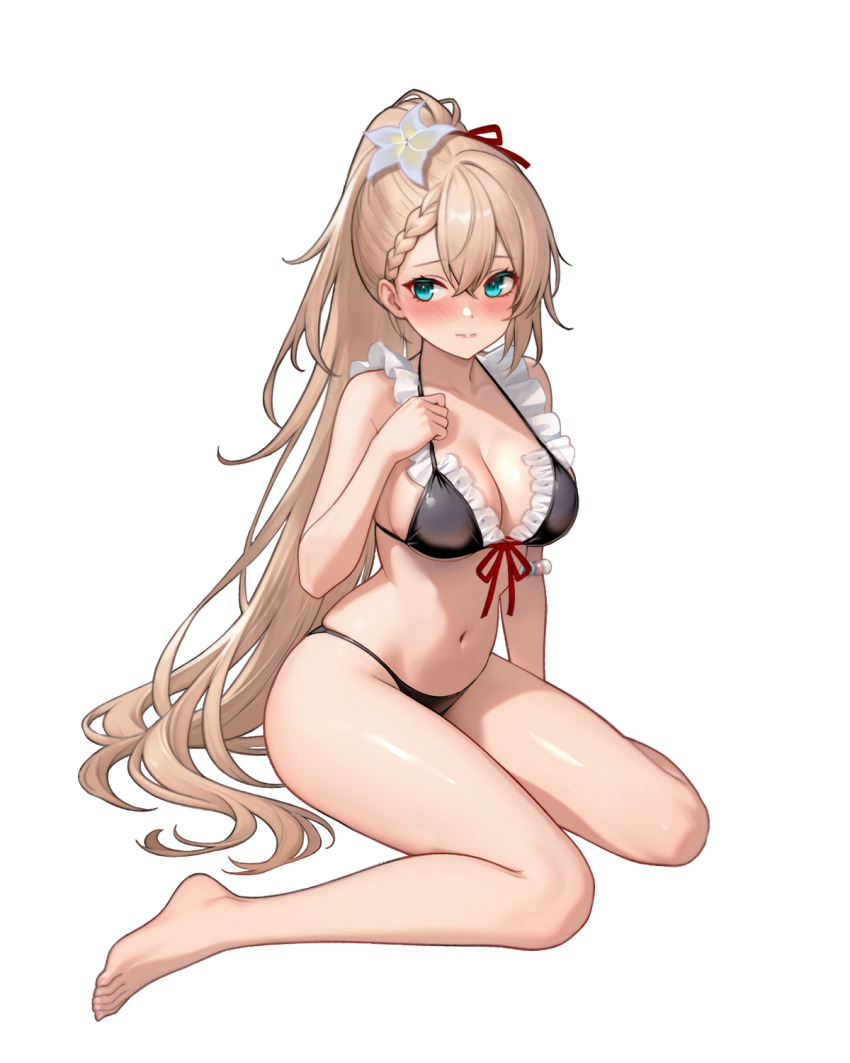 1girl aqua_eyes art_undertaker barefoot bikini black_bikini blush braid braided_bangs breasts centaureissi_(girls&#039;_frontline_2) cleavage closed_mouth commentary_request crossed_bangs flower frilled_bikini frills g36_(50_days_with_g36)_(girls&#039;_frontline) g36_(girls&#039;_frontline) girls&#039;_frontline girls&#039;_frontline_2:_exilium hair_between_eyes hair_flower hair_ornament highres korean_commentary long_hair maid maid_bikini medium_breasts official_alternate_costume official_alternate_hairstyle simple_background sitting solo swimsuit thighs toes unconventional_maid very_long_hair wariza white_background white_flower