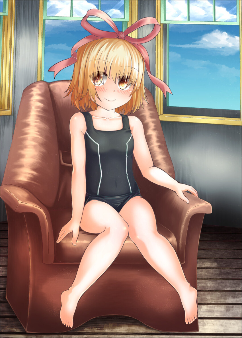1girl adworse bare_arms bare_legs barefoot black_one-piece_swimsuit blonde_hair blue_sky blush breasts chair cloud cloudy_sky covered_navel eyes_visible_through_hair feet full_body hair_over_eyes hair_ribbon highres indoors knees_together_feet_apart looking_at_viewer medicine_melancholy on_chair one-piece_swimsuit open_window orange_eyes pink_ribbon ribbon short_hair sitting sky small_breasts smile solo square_neckline swimsuit touhou white_trim window wooden_floor