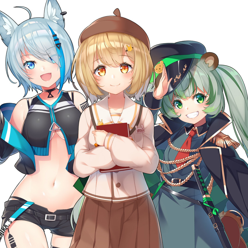 3girls :d ahoge aiguillette animal_ear_fluff animal_ears animare bare_shoulders bear_ears belt black_coat black_headwear black_shirt black_shorts blue_eyes blue_hair book breasts brown_hair brown_headwear brown_skirt choker coat commentary_request crop_top cropped_jacket dog_ears dress ear_piercing epaulettes eyes_visible_through_hair green_eyes green_hair grin hair_ornament hair_over_one_eye hairclip hat highres hinokuma_ran inaba_haneru_(animare) jacket jacket_on_shoulders katana kokka_han large_breasts long_hair looking_at_viewer midriff multicolored_hair multiple_girls nanashi_inc. navel necktie off_shoulder open_clothes open_jacket open_mouth orange_eyes peaked_cap piercing pleated_skirt salute school_uniform sheath sheathed shirt short_hair short_necktie short_shorts shorts silver_hair simple_background skirt sleeveless sleeveless_shirt smile souya_ichika souya_ichika_(4th_costume) stomach streaked_hair sword twintails underboob virtual_youtuber weapon white_background white_shirt wing_collar