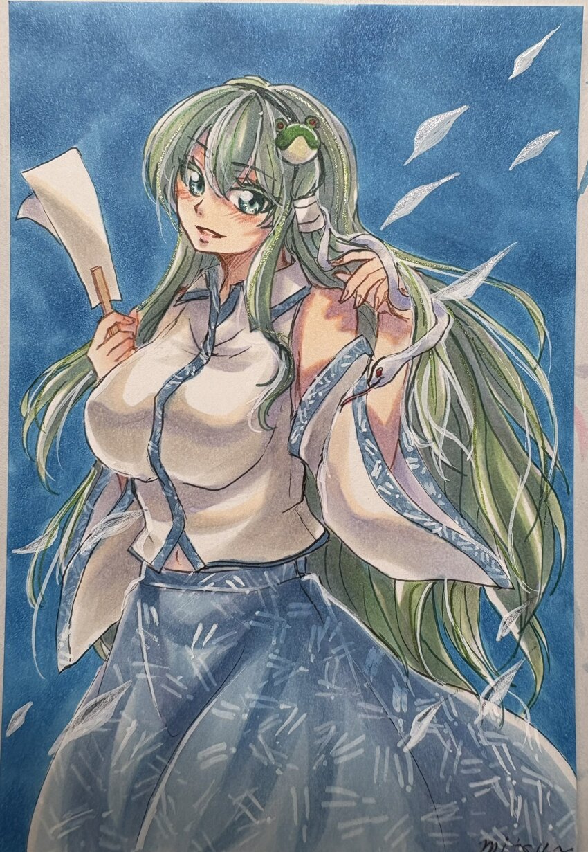 1girl bare_shoulders blue_skirt blush border breasts collared_shirt detached_sleeves double-parted_bangs frog_hair_ornament gohei green_eyes green_hair hair_ornament hair_tubes highres holding holding_gohei kochiya_sanae large_breasts long_hair long_sleeves looking_at_viewer marker_(medium) midriff_peek mitsu~ navel open_mouth patterned_clothing print_skirt shirt signature single_hair_tube single_sidelock skirt skirt_set sleeveless sleeveless_shirt smile snake_hair_ornament solo teeth touhou traditional_media very_long_hair wide_sleeves wing_collar