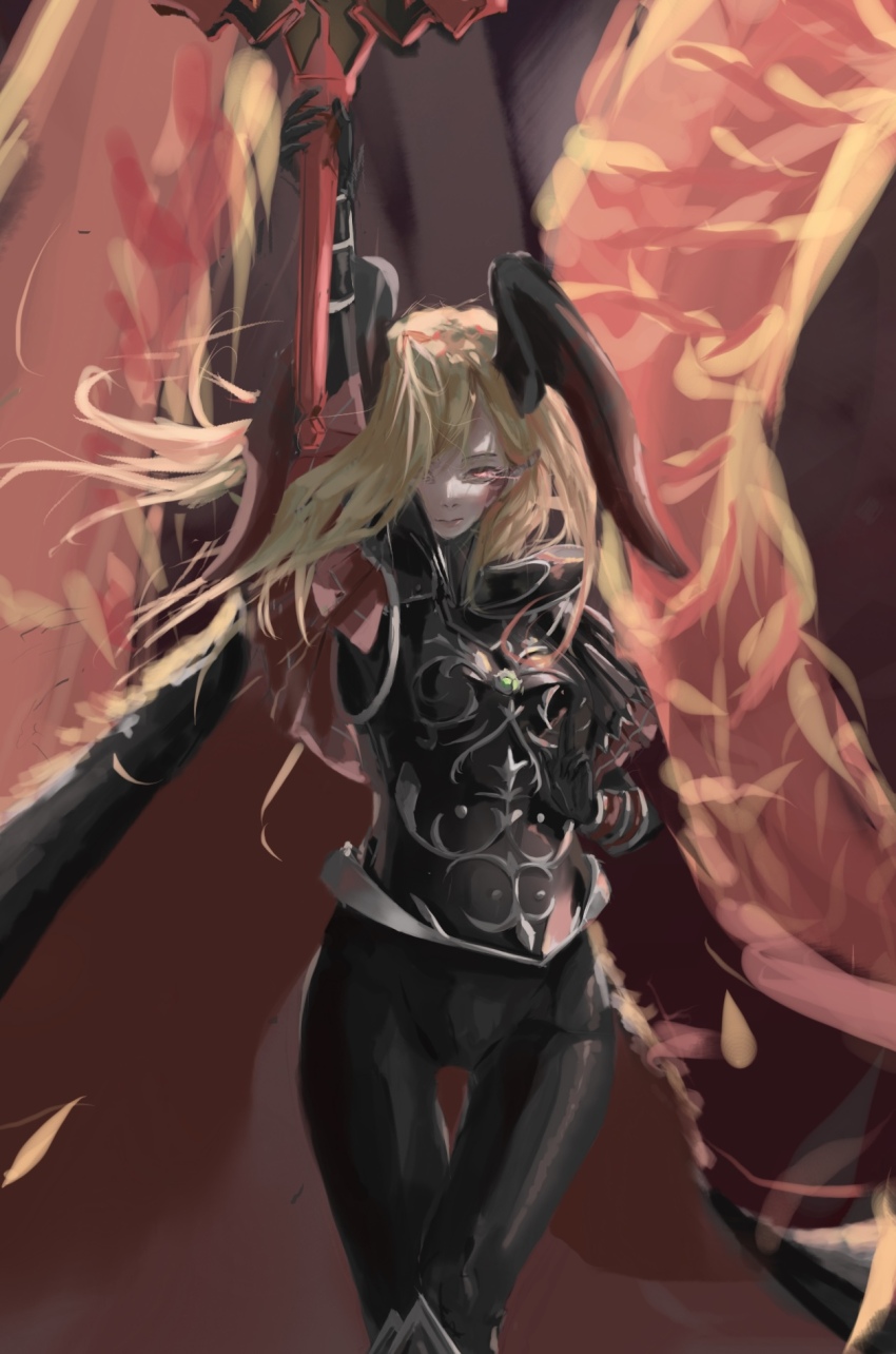 1girl armor blonde_hair blurry blurry_background cape dragon fate/grand_order fate_(series) fire gem green_gemstone highres holding holding_sword holding_weapon horns jinj0121 long_hair looking_at_viewer nero_claudius_(fate) pantyhose queen_draco_(fate) raising_arm solo sword weapon
