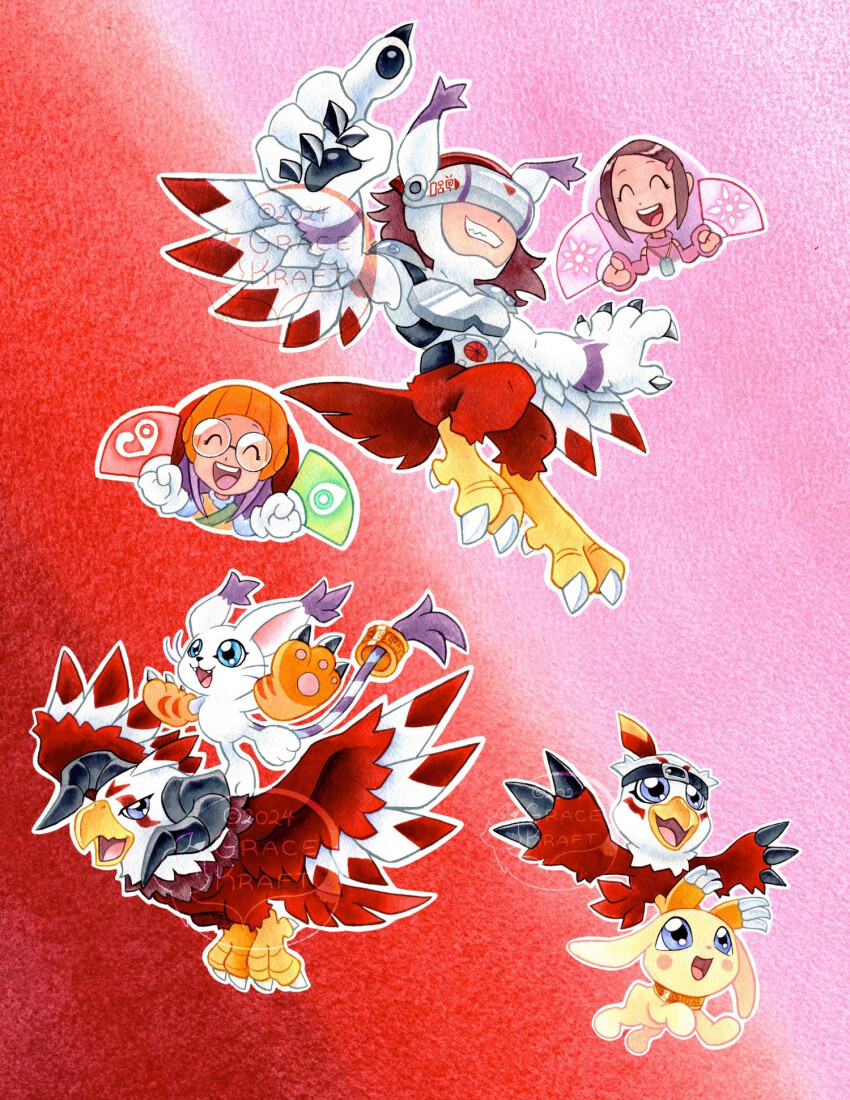animal_ears aquilamon cat cat_ears covered_eyes crests_(digimon) digimon digimon_(creature) digimon_adventure_02 fusion glasses gloves hawkmon helmet highres holy_ring inoue_miyako long_ears long_hair mask orange_eyes pink_hair plotmon silphymon tail tailmon yagami_hikari