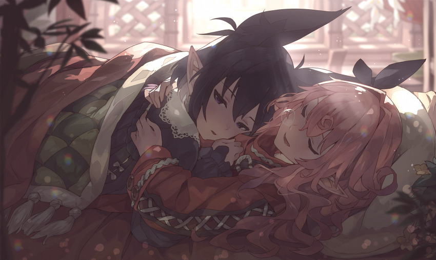 2girls =_= animal_ear_fluff animal_ears backlighting bed black_hair black_ribbon black_shirt blanket blurry blurry_foreground blush closed_eyes collared_shirt commentary_request day depth_of_field frilled_sleeves frills hair_between_eyes hair_intakes hair_ribbon half-closed_eyes highres hug indoors lace_trim light light_rays long_hair long_sleeves lying mano_(narumi_arata) multiple_girls narumi_arata nose_bubble on_back on_bed original parted_lips pillow pink_hair plant pointy_ears purple_eyes recri_(narumi_arata) red_shirt revision ribbon shirt short_hair sidelocks sleeping sleeves_past_wrists teeth wavy_hair window