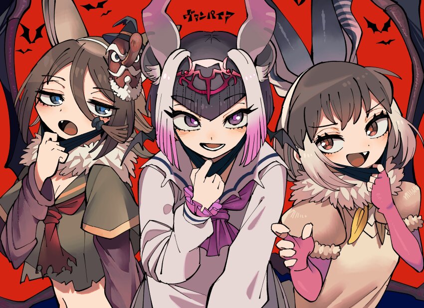 3girls absurdres animal_ears bat_(animal) bat_ears bat_girl bat_wings blue_eyes bow bowtie brown_eyes brown_hair brown_long-eared_bat_(kemono_friends) common_vampire_bat_(kemono_friends) elbow_gloves extra_ears fingerless_gloves gloves grey_hair halloween highres hilgendorf&#039;s_tube-nose_bat_(kemono_friends) kanmoku-san kemono_friends long_hair looking_at_viewer mask multiple_girls navel purple_eyes purple_hair red_background sailor_collar sailor_shirt school_uniform shirt simple_background skirt sweater_vest wings