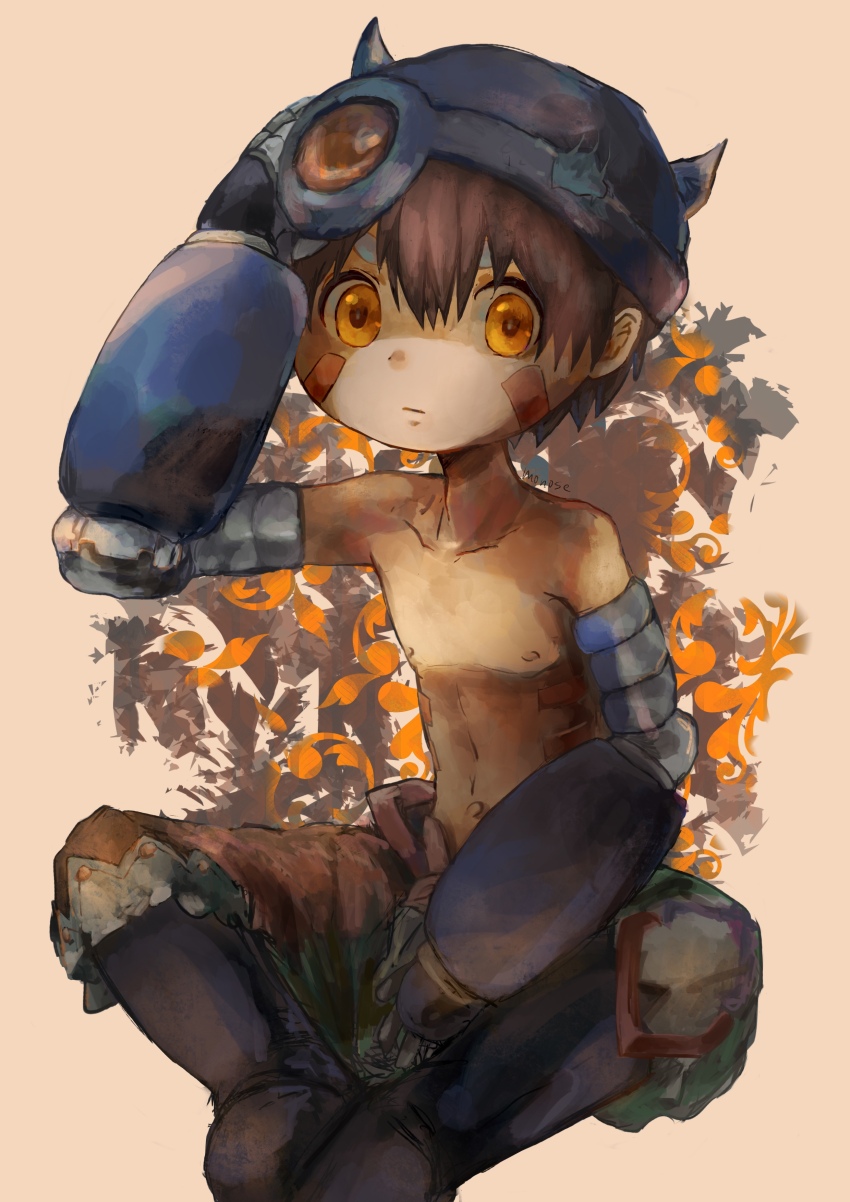 1boy :| absurdres android arm_up artist_name brown_hair butterfly_sitting closed_mouth collarbone damaged facial_mark facial_tattoo fake_horns full_body green_shorts hair_between_eyes hand_on_own_head helmet highres horned_helmet horns looking_at_viewer made_in_abyss male_focus mechanical_arms mechanical_foot mechanical_hands mechanical_legs monose multicolored_shorts navel nipples orange_background orange_eyes patterned_background pointy_ears purple_shorts reg_(made_in_abyss) robot shorts sitting slit_pupils tattoo topless_male