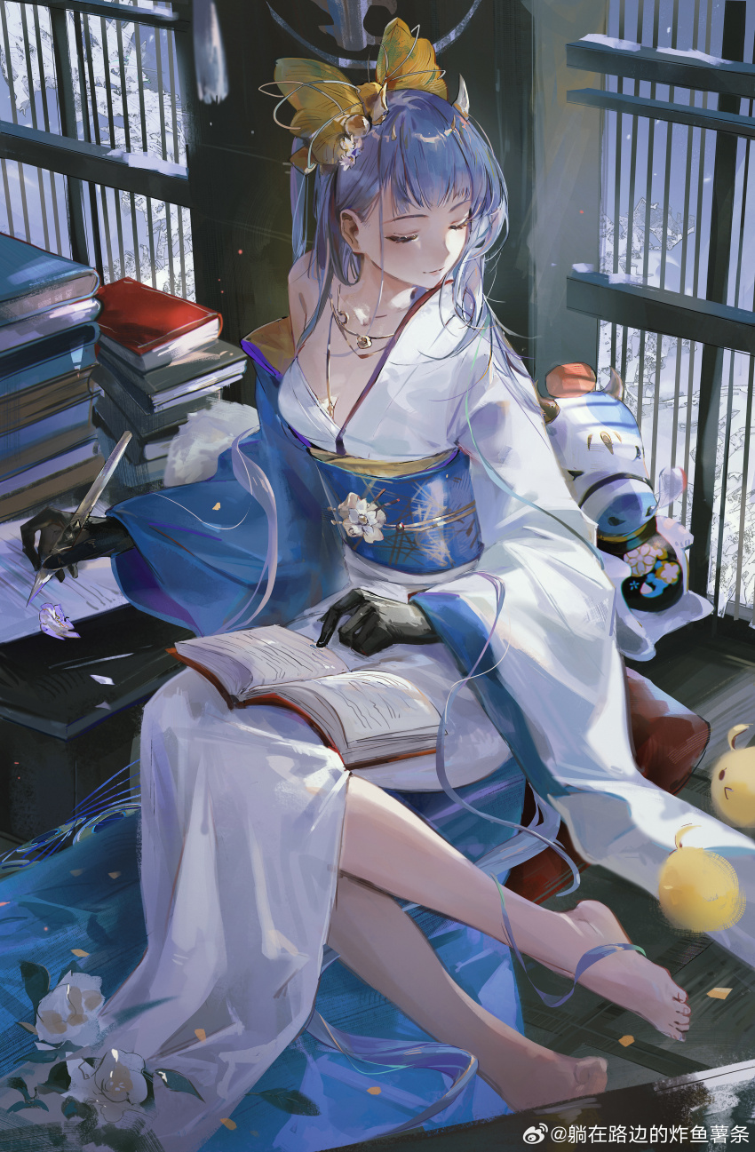 1girl absurdres azur_lane barefoot black_gloves blue_hair blue_sash book book_on_lap bow champagne_(azur_lane) champagne_(lapis_lazuli&#039;s_first_dream)_(azur_lane) flower full_body gloves hair_bow highres holding japanese_clothes jewelry kimono knees_together_feet_apart legs liyuliyuzhou long_hair manjuu_(azur_lane) obi official_alternate_costume pen sash sitting solo toenails toes toy watermark weibo_watermark white_flower white_kimono window yellow_bow yokozuwari