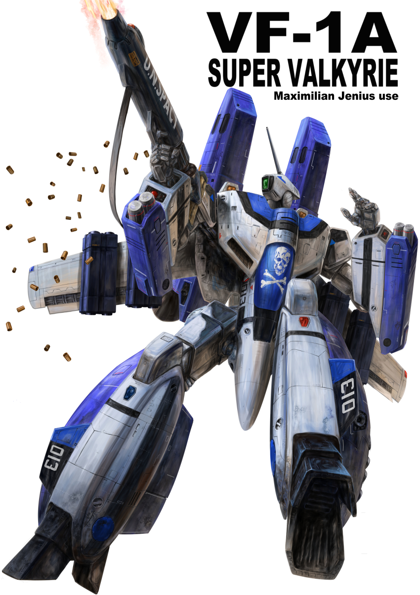 1980s_(style) absurdres battle commentary_request damaged dirty energy_cannon firing gunpod highres jolly_roger macross macross:_do_you_remember_love? maximilian_jenius mecha missile missile_pod no_humans official_style oldschool realistic retro_artstyle robot roundel science_fiction shell_casing simple_background solo strap takani_yoshiyuki_(style) u.n._spacy variable_fighter vf-1 vf-1_super vf-1a zandan_zero_to_na!?